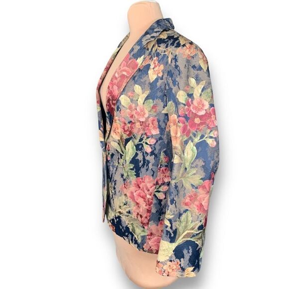 Vintage 90s Blazer Jacket Navy Dark Floral Detail Boxy Oversized One Button - Picture 2 of 9